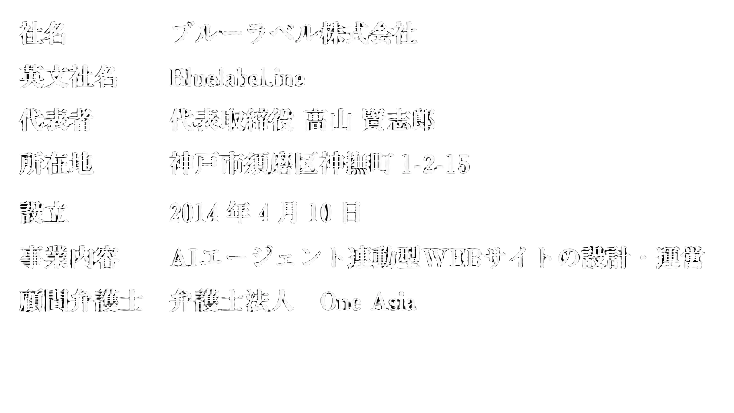 社名: ブルーラベル株式会社 / 英文社名: Bluelabel.inc / 代表者: 代表取締役 高山 賢志郎 / 所在地: 神戸市須磨区神撫町 1-2-15 / 設立: 2014年4月10日 / 事業内容: AIエージェント連動型WEBサイトの設計・運営 / 顧問介護士: 介護士法人 One Asia